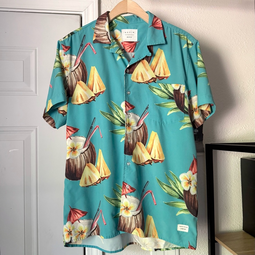 DUVIN‎ teal Hawaiian tropical fruit short sleeve button up shirt